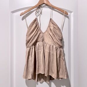 Pleated peplum halter champagne satiny top blouse